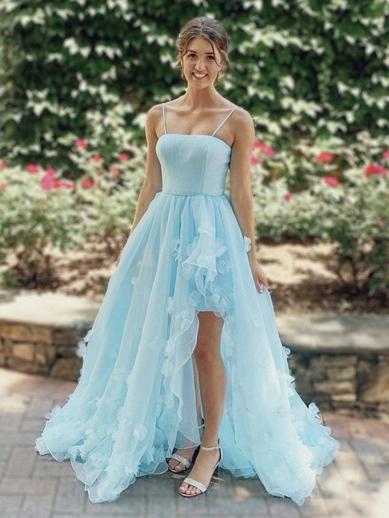 High Low Light Blue Floral Long Prom ...